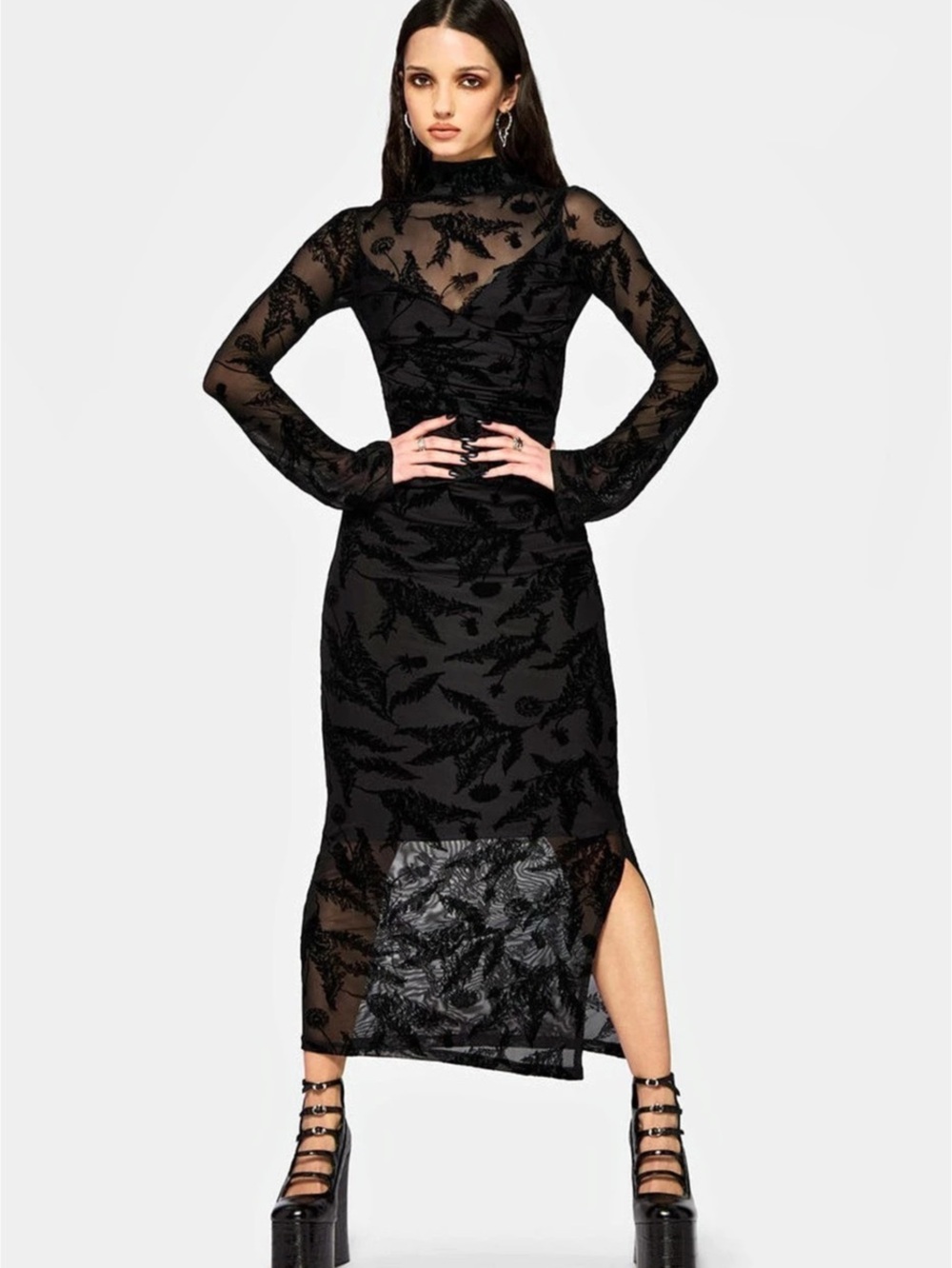 Disturbia Chimira Dandelion Ruched Mesh Mest Maxi Dress Black NWT Size - 8